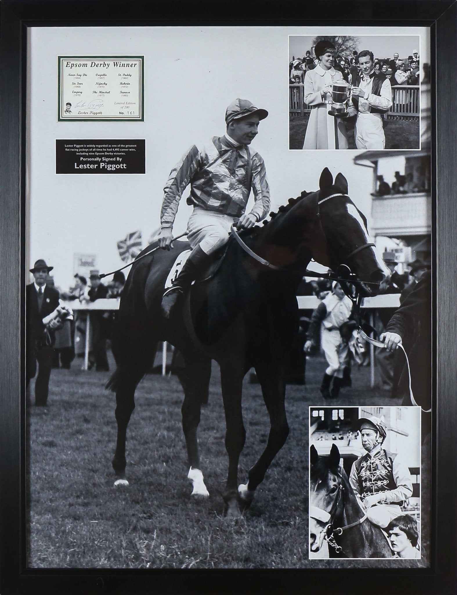 Lester Piggott Signed Epson Derby Winner Card LE/200 Framed Display - Memorabilia Framers Shop